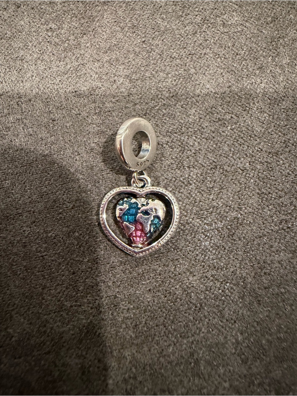 Pandora Sterling Silver Heart Globe Charm with Blue and Pink Enamel